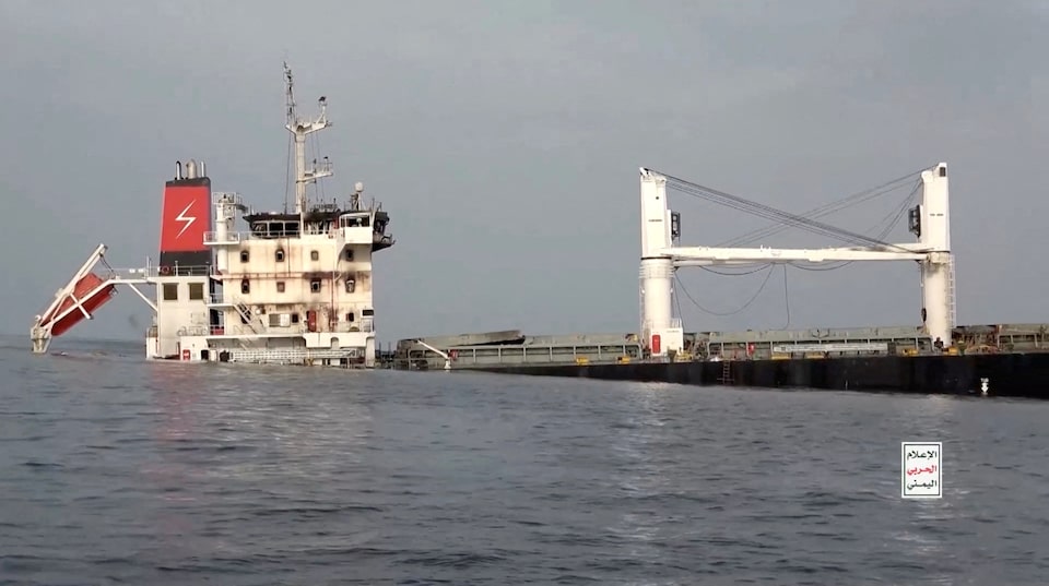 A vessel said to be Greek-operated, Liberia-flagged Eternity C sinks in a footage released by Yemen's Houthis, in the Red Sea